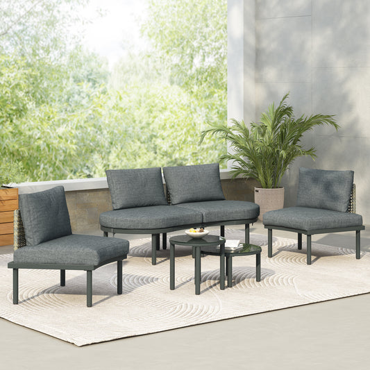6-Piece Patio Sofa Furniture Set, Half Moon Outdoor Sectional Sofa with 2 High-Low Coffee Tables, PE Wicker Rattan, Tempered Glass, 4 Pillows & Cushions, for Backyard, Garden, Poolside,Gray