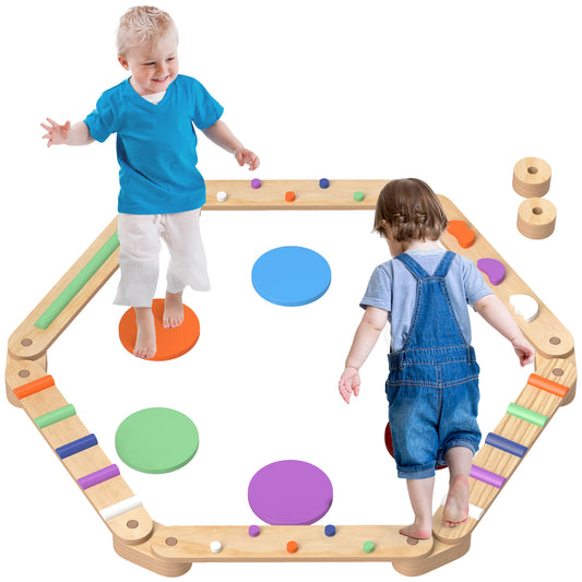 Kids Balance Beam, Wooden Balance Board with Stepping Stones, Gymnastics Obstacle Course for Toddlers 3-8 Years for Motor Skills Coordination, Indoor Outdoor Use