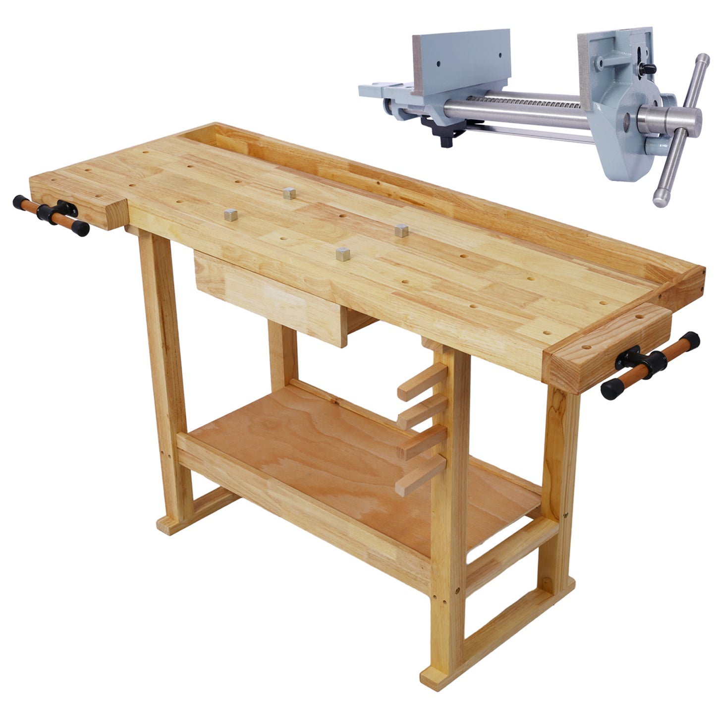55-Inch Wood Workbench - Wooden Workbench for Garage Workshop and Home, with Rapid Action Woodworking Vise 7 Inch Jaw Width Made with Heavy-Duty Cast Iron ,GRAY