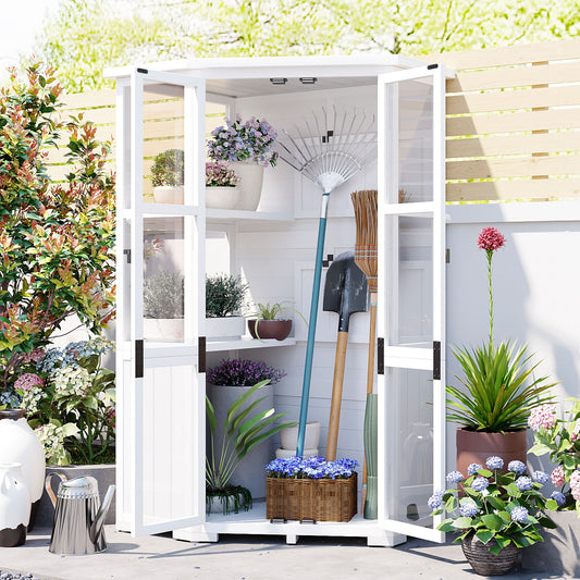 63'' Height Garden Wood Storage Cabinet Outdoor Tool Storage Shed, Mini Greenhouse Cold Frame with Waterproof- Roof and Lockable Door for Backyard,Patio, Lawn, White