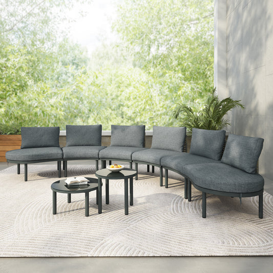 8-Piece Patio Sofa Furniture Set, Half Moon Outdoor Sectional Sofa with 2 High-Low Coffee Tables, PE Wicker Rattan, Tempered Glass, 6 Pillows & Cushions, for Backyard, Garden, Poolside,Gray