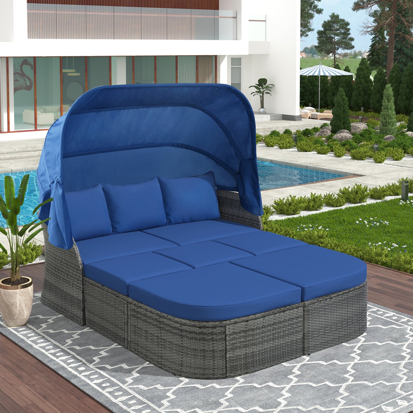 Outdoor Patio Furniture Set Daybed Sunbed with Retractable Canopy Conversation Set Wicker Furniture (As same as WY000281AAE)