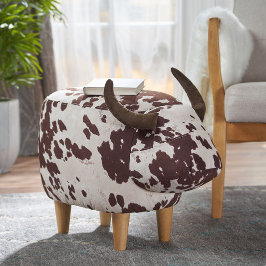 Brown and White Velvet Cow-Shaped Ottoman, Cute Wood Foot Stool Shoes Changing Seat with Cushioned for Adult Living Room, Bedroom, Nursery Gameroom, Playroom, Porch Furniture