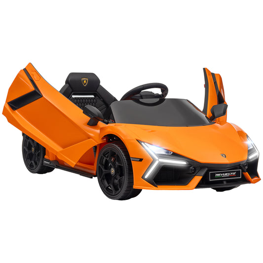 Lamborghini Revuelto Licensed 12V Kids Electric Car, Battery Powered Ride on Car with Hydraulic Doors, Remote Control, Transport Wheels, Spring Suspension, Music, Lights, 3 Speeds, Orange