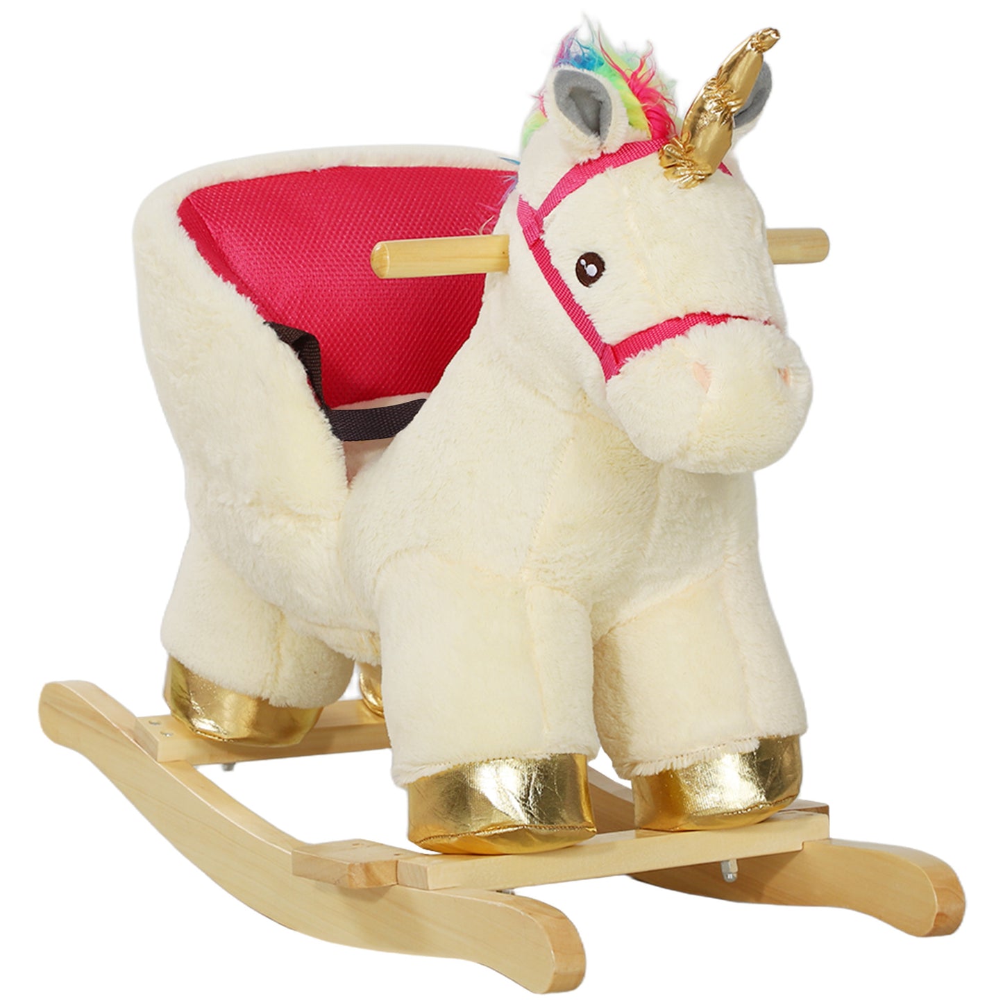 Kids Rocking Horse, Ride on Unicorn with Realistic Sounds, Safety Belt & Wooden Base, Plush Animal Rocker for Toddlers 18-36 Months, Cream White