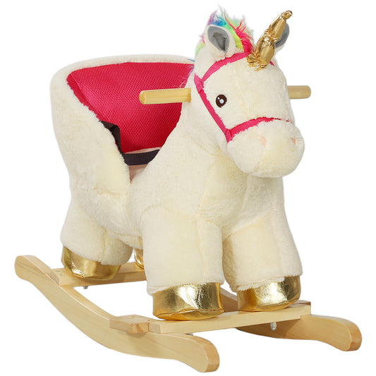 Kids Rocking Horse, Ride on Unicorn with Realistic Sounds, Safety Belt & Wooden Base, Plush Animal Rocker for Toddlers 18-36 Months, Cream White