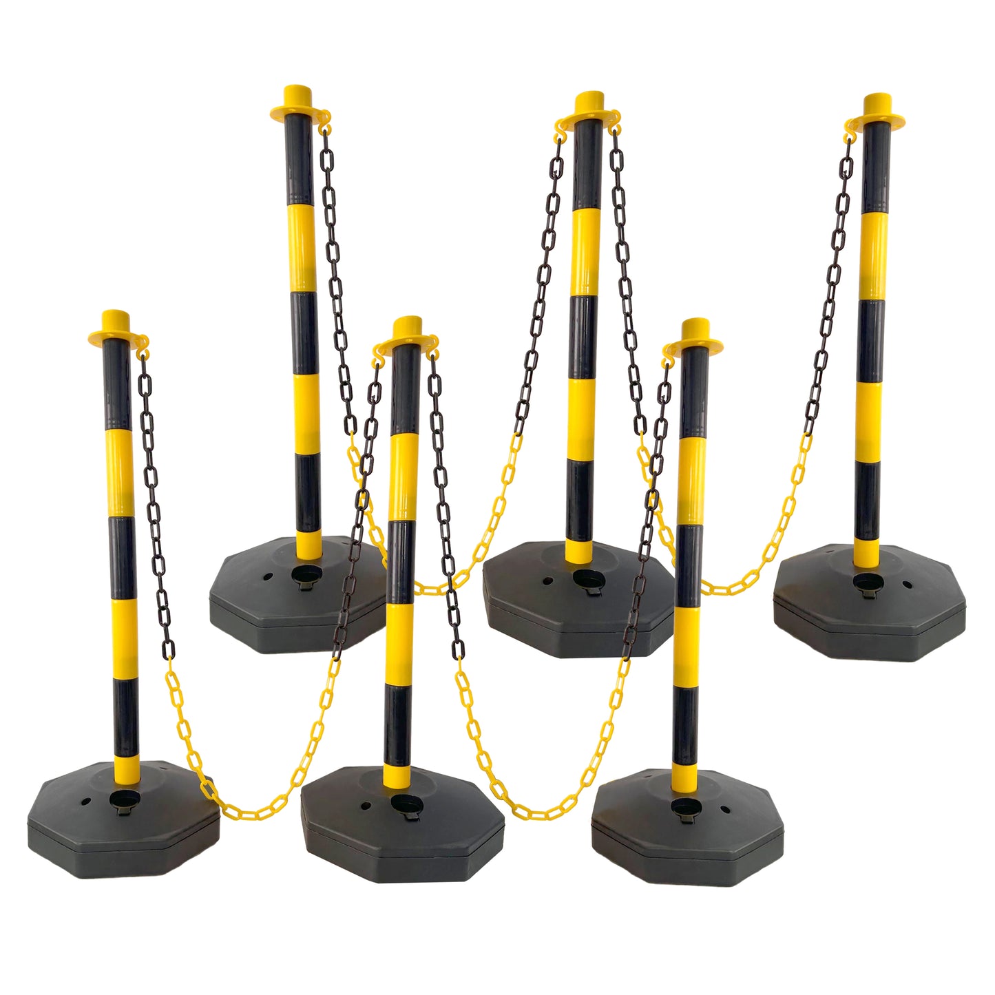6 Pack Traffic Delineator Post Cones with Fillable Base, Adjustable Plastic Safety Barrier with 5Ft Plastic Chain, Outdoor and Indoor Crowd Control Stanchion for Traffic Control and warning Y/B