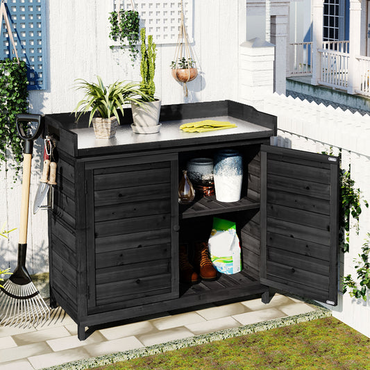 Outdoor 39' Potting Bench Table, Rustic Garden Wood Workstation Storage Cabinet Garden Shed with 2-Tier Shelves and Side Hook, Black