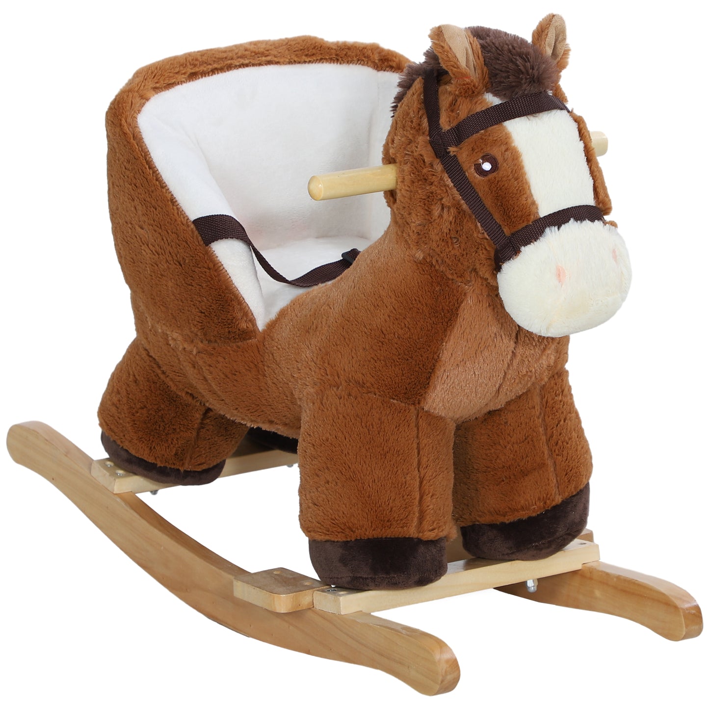 Baby Rocking Horse, Plush Animal Rocker with Sound, Wooden Base, & Safety Belt for Ages 18-36 Months, Brown