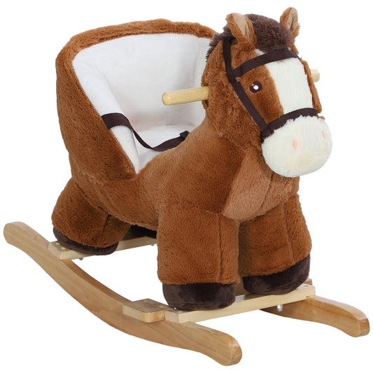 Baby Rocking Horse, Plush Animal Rocker with Sound, Wooden Base, & Safety Belt for Ages 18-36 Months, Brown