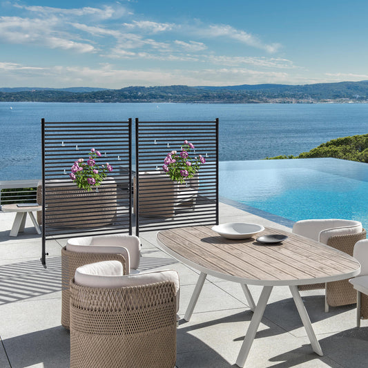 71.26''x46.65'' Outdoor Privacy Screens Freestanding,Metal Privacy Fence Panels for Outside, Slatted Privacy Screens with Stand,Black