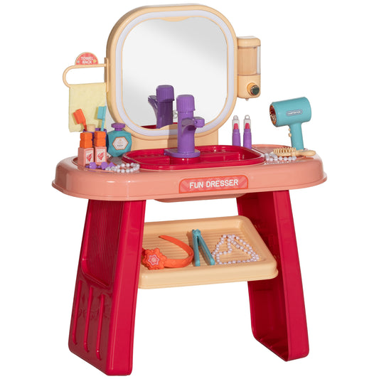 Kids Vanity Set, Toddler Makeup Table with Faucet, Mirror, LED Light, Music, 23 Accessories, Pretend Play Set for Girls 3-6 Years, Pink