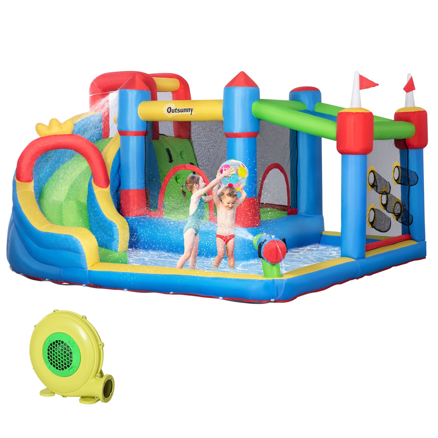 6-in-1 Inflatable Bounce House with Slide, Climbing Wall, Water Cannon, and More, Inflatable Water Slide for Kids with 2 Min. Inflation with Inflator