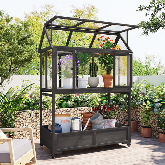 Garden Wood Portable Cold Frame with Movable Wheels Mini Greenhouse with Openable Roof and Storage Box, Black