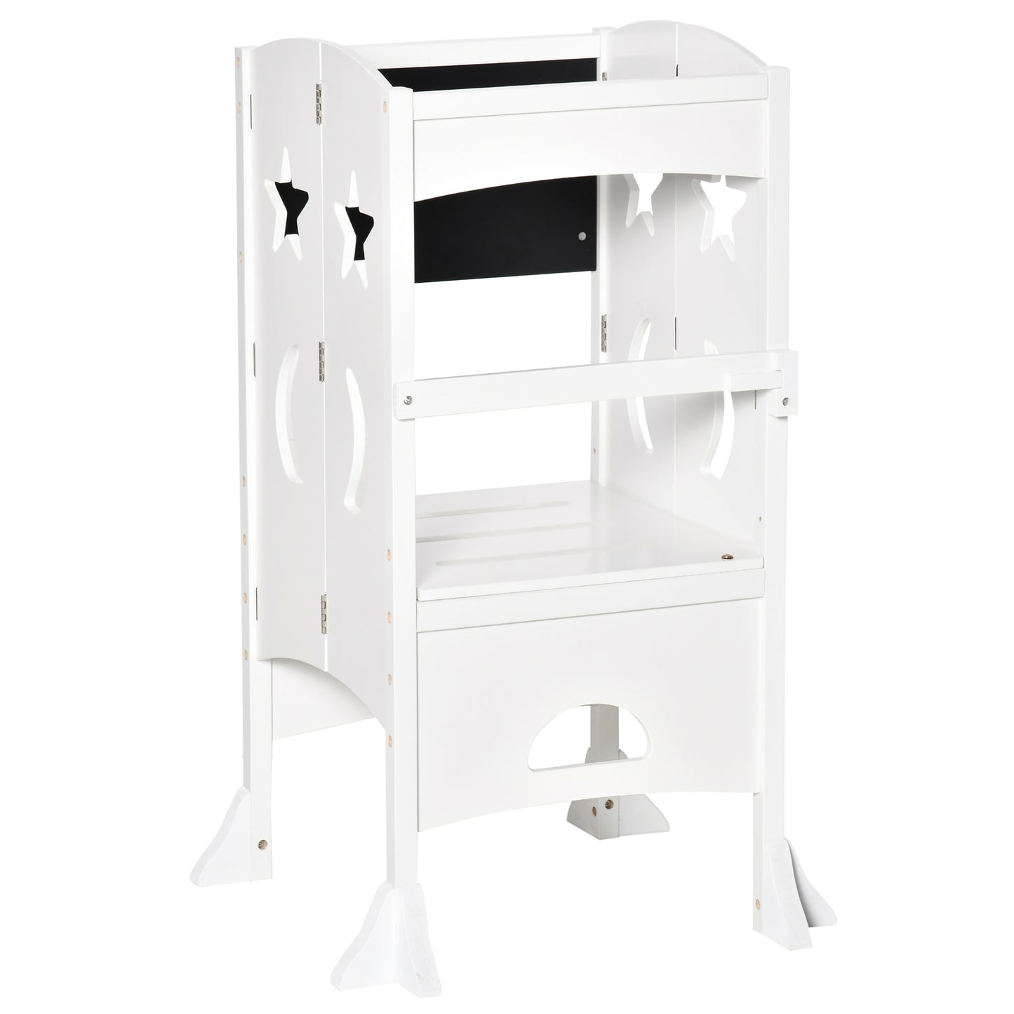 2 in 1 Kids Foldable Kitchen Step Stool, Toddler Standing Tower with Chalkboard and Lockable Handrail for Children 3-6 Years Old, White