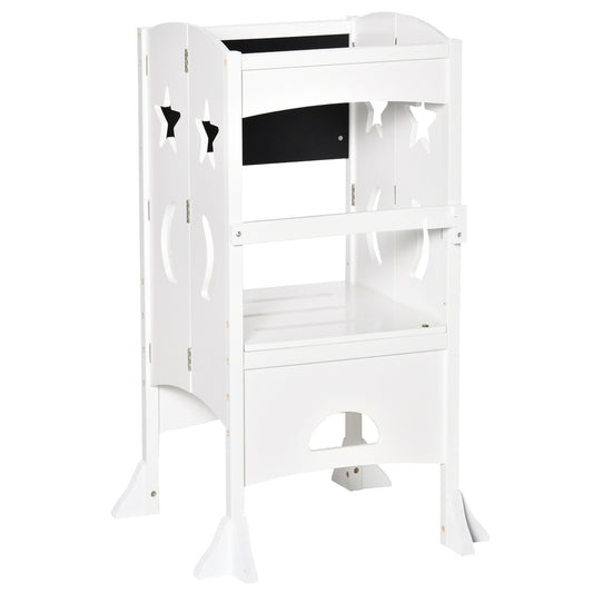 2 in 1 Kids Foldable Kitchen Step Stool, Toddler Standing Tower with Chalkboard and Lockable Handrail for Children 3-6 Years Old, White
