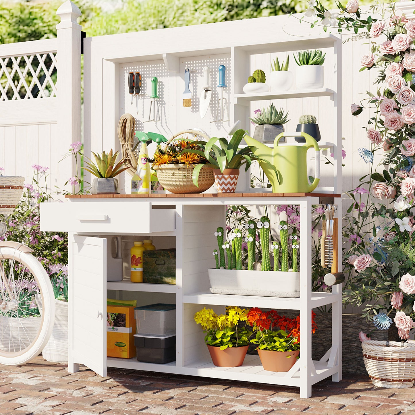 Fir Wood Potting Bench with Hutch, Garden Workstation for Planting, 4 Shelves & Adjustable Storage, Pegboard with Hooks, 50.2''Countertop, Drawer & Cabinet, White