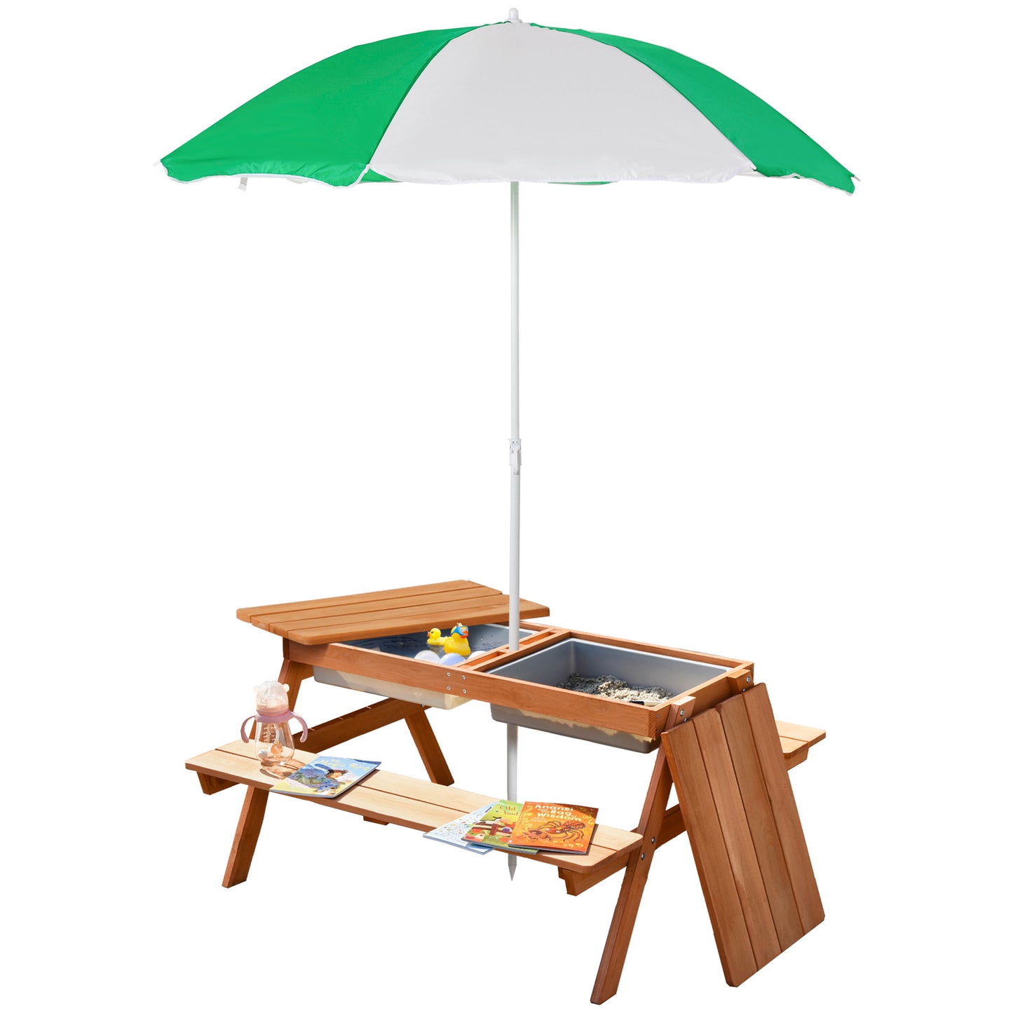 Kids Picnic Table with Umbrella and Storage Inside, Sand and Water Table, Kids Outdoor Furniture, Wooden Bench Backyard Furniture for Garden, Patio, or Balcony