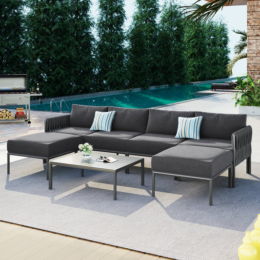 6-Pieces Aluminum Patio Furniture Set, Modern Metal Outdoor Conversation Set Sectional Sofa With Removable Olefin Extra Thick Cushions 5.9' Cushion, Grey