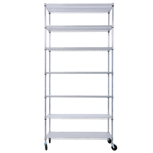7 Tier Metal Shelf Wire Shelving Unit, 2450lbs Heavy Duty Adjustable Storage Rack with Wheels & Shelf Liners for Closet Kitchen Garage Basement Commercial Shelving - 81.5' H x 48' L x 18' D chrome