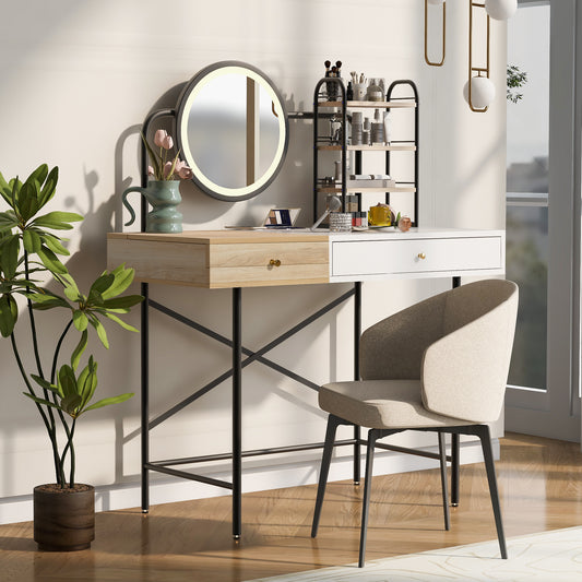 40' Makeup Vanity Desk with 3-Mode Lighted Mirror & Wireless Charging Station , Vanity Table with Drawer & 3 Open Shelves for Ample Storage Space, Dressing Table for Bedroom, White