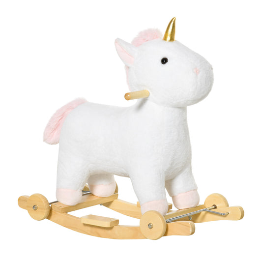 Rocking Horse, 2 in 1 Kids Ride on Horse, Rolling Unicorn Animal Rocker with Sound, Wooden Base, Pedal, Grip Handle, Plush Riding Pony for 3-6 Years Old, White