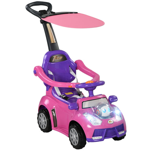 Push Car for Kids 1-3 Years, 3 in 1 Ride on Sliding Car, Foot to Floor Baby Push Car with Removable Handle, Music, Horn, Canopy, Safety Guardrail for Boys and Girls, Pink