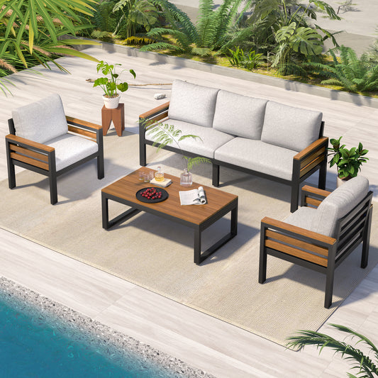 4-Piece Outdoor Furniture Sofa Set for 5 People with Acacia Wood Armrests, Patio Conversation Set with Removable Cushion and Solid Wood Coffee Table for Garden and Backyard,Beige
