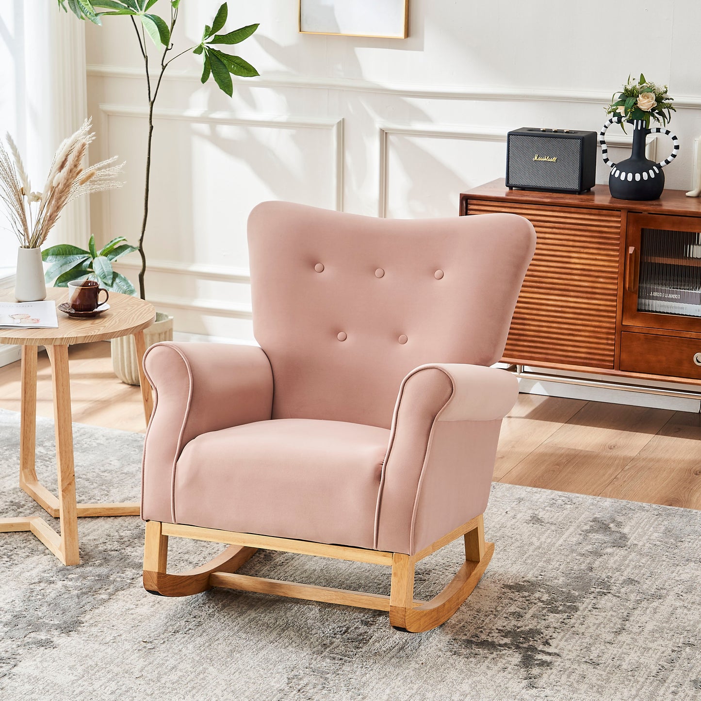 Baby Room High Back Rocking Chair Nursery Chair , Comfortable Rocker Fabric Padded Seat ,Modern High Back Armchair