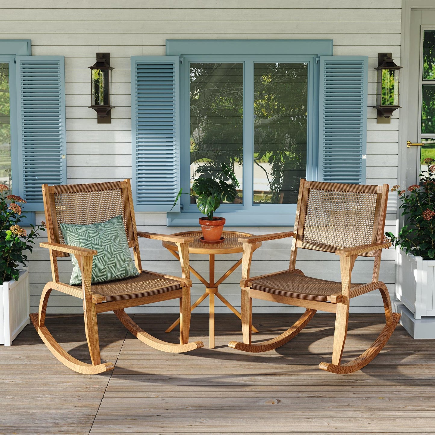 2 Pieces Patio Rocking Chair Set, Acacia Wood Outdoor Rockers with Wicker Rattan Seat & Backrest, Comfortable Garden Porch Chairs for Backyard, Balcony, and Poolside, Natural