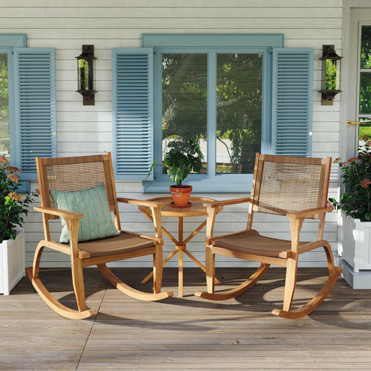 2 Pieces Patio Rocking Chair Set, Acacia Wood Outdoor Rockers with Wicker Rattan Seat & Backrest, Comfortable Garden Porch Chairs for Backyard, Balcony, and Poolside, Natural