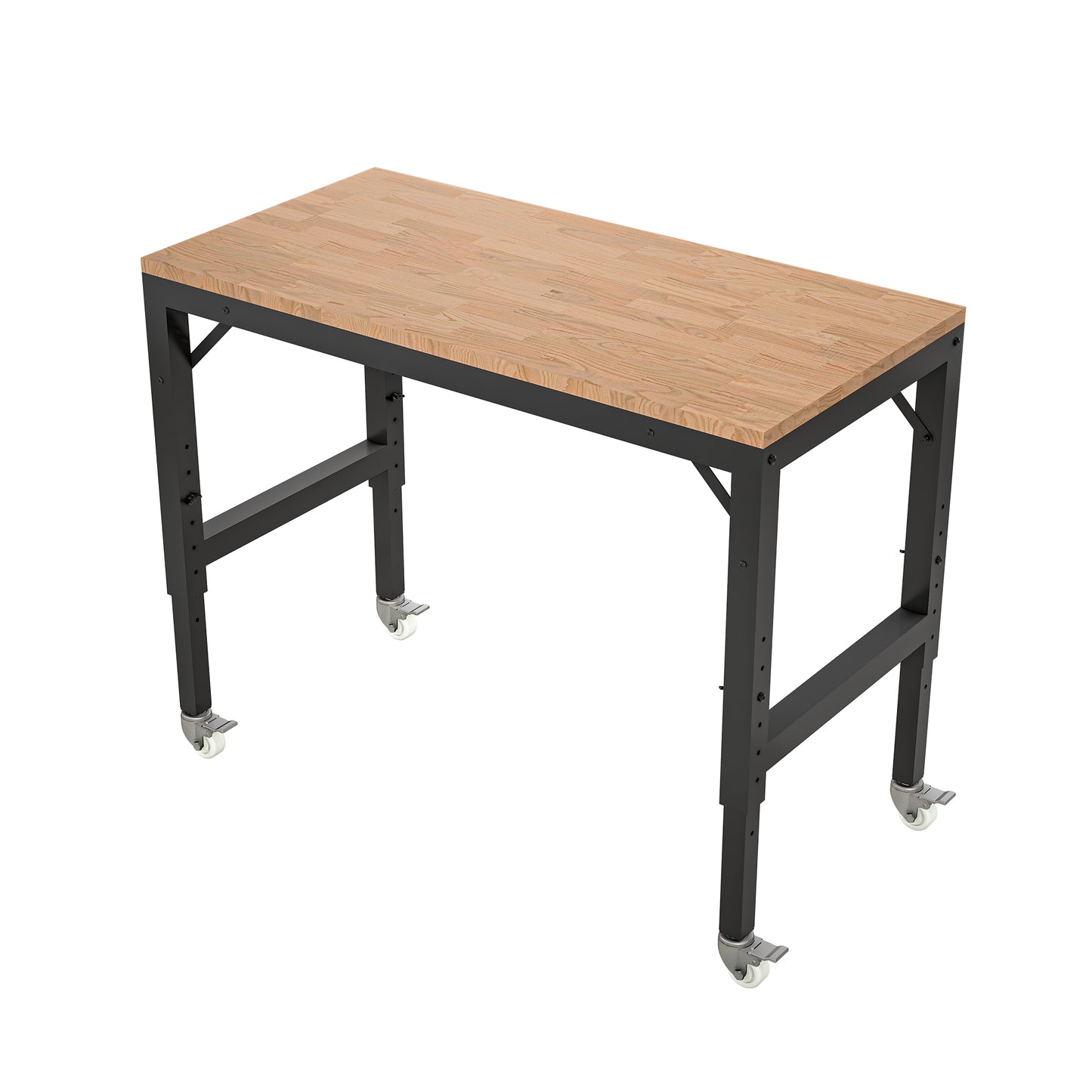 48' Heavy-Duty Adjustable Workbench for Garage, Rubber Wood shop table W/Metal Wheels, Hardwood Workstation Weight Capacity over 2000 Lbs with Wheels
