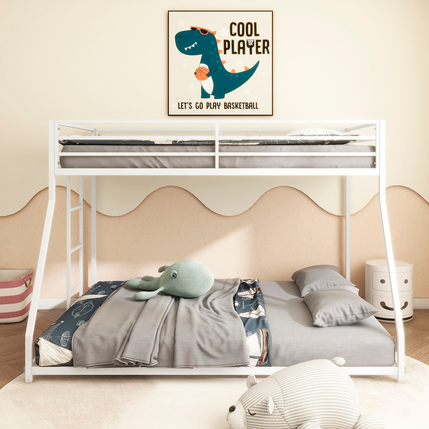 Adam Sturdy Twin Over Full Bunk Bed Metal White for Kids and Adult, Low Profile and Easy Climbing with Stable Ladder