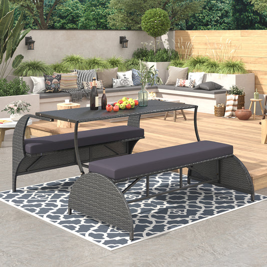 Versatile outdoor loveseat that converts to four seats and a table, suitable for gardens and lawns
