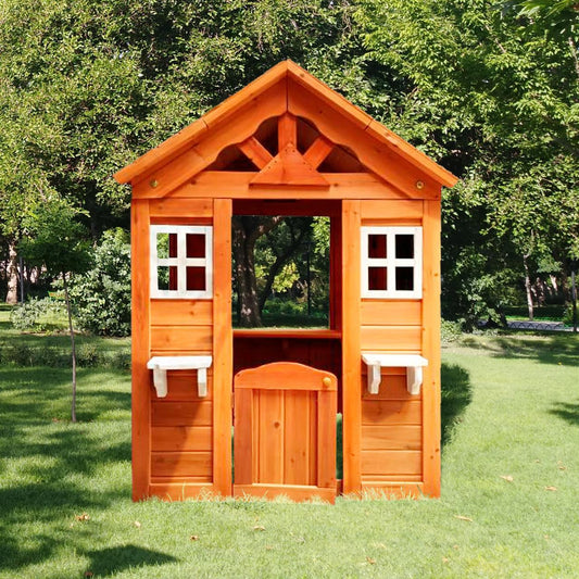 All Wooden Kids Playhouse with 2 windows and flowerpot holder,42'Lx46'Wx55'H,Golden Red