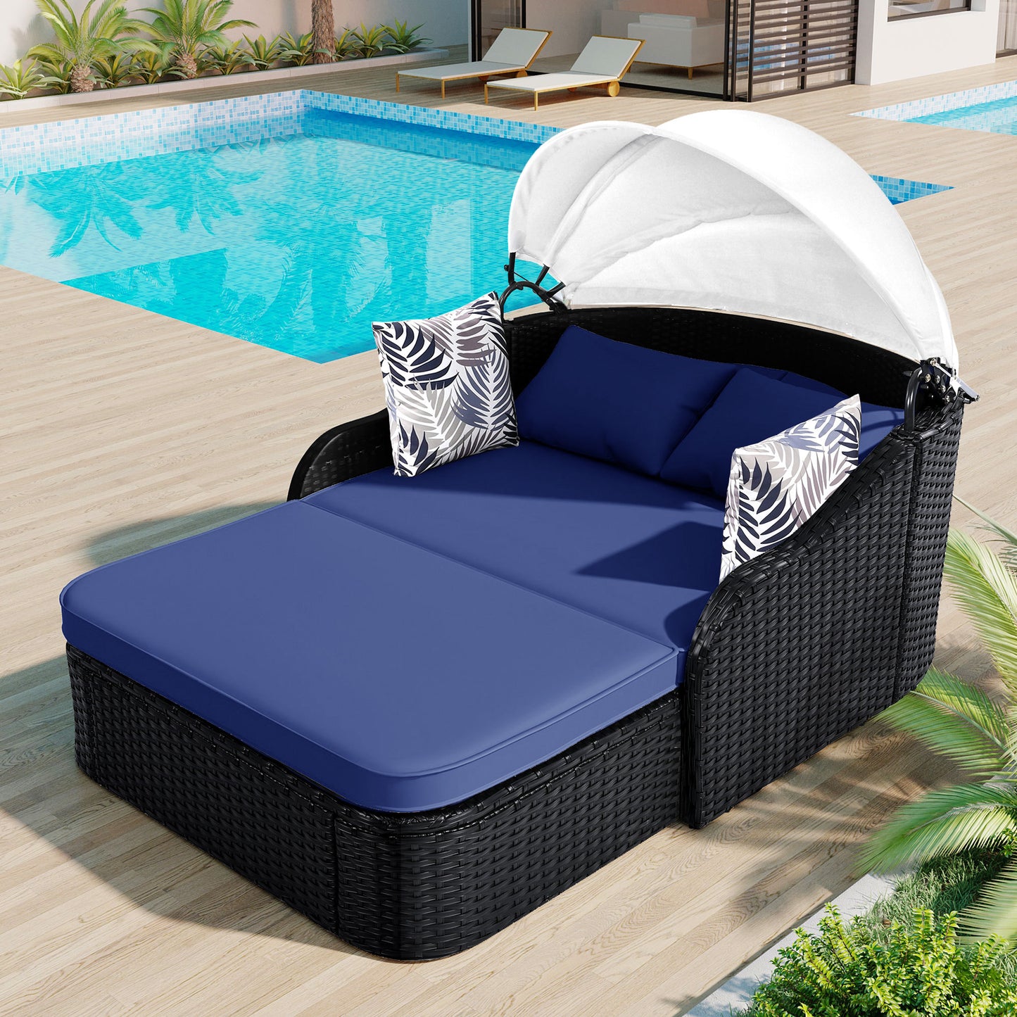 79.9' Outdoor Sunbed with Adjustable Canopy, Double lounge, PE Rattan Daybed, Black Wicker and Blue Cushion