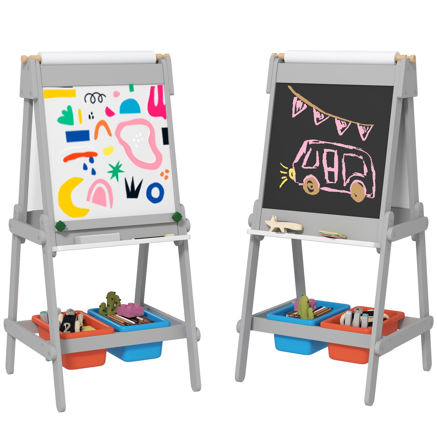 Art Easel, Easel for Kids with Paper Roll, Double Sided Whiteboard & Chalkboard for Toddlers Aged 3-8 Years Old, with Painting Paper Stand, 2 Storage Boxes, Gray