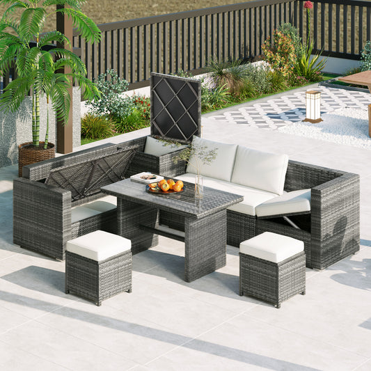 Outdoor 6-Piece All Weather PE Rattan Sofa Set, Garden Patio Wicker Sectional Furniture Set with Adjustable Seat, Storage Box, Removable Covers and Tempered Glass Top Table, Beige