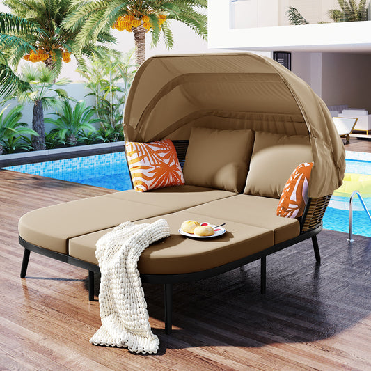 74.8' L Patio Daybed with Retractable Canopy, Outdoor Rattan PE Wicker Back Loveseat Sofa Set with Throw Pillows and Cushions for Backyard, Poolside, Garden, Brown