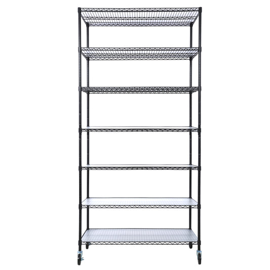 7 Tier Metal Shelf Wire Shelving Unit, 2450lbs Heavy Duty Adjustable Storage Rack with Wheels & Shelf Liners for Closet Kitchen Garage Basement Commercial Shelving - 81.5' H x 48' L x 18' D black