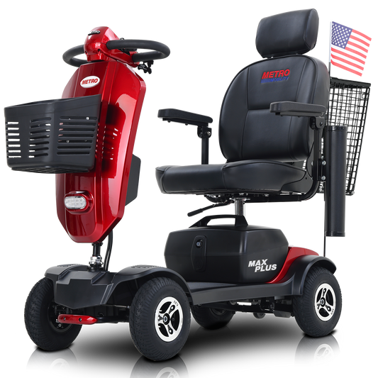 MAX PLUS RED 4 Wheels Outdoor Compact Mobility Scooter with Rear Basket,16 Miles, Cup Holders & USB charger Port