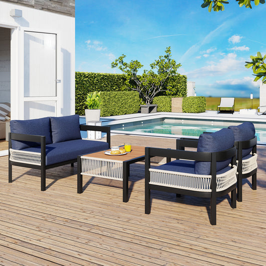 Multi-person Outdoor Iron Sofa Set with A table, Rattan Decoration, Waterproof, Rust-proof, Suitable for Garden, Lawn Use