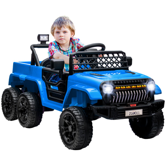 12V 4x4 Kids Ride on Truck with Back Trailer,  2WD/4WD Switchable Kids Electric Car with Parent Remote Control, Spring Suspension System, Soft Start, Music, LED Light, Horn, Light Blue