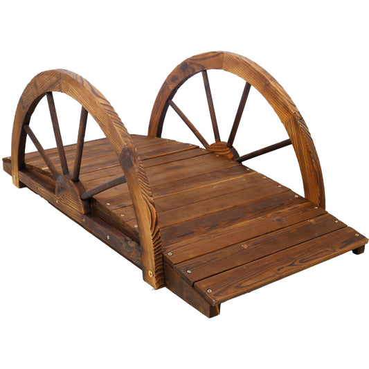 3.3ft Wooden Garden Bridge Arc Footbridge with Half-Wheel Style Railings & Solid Fir Construction, Stained Wood
