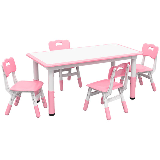 Kids Table and Chair Set, 5 Piece Toddler Table and Chair Set with 4 Chairs Adjustable Height, for Snack Time, Homeschooling Aged 1.5 - 5 Years Old, Pink