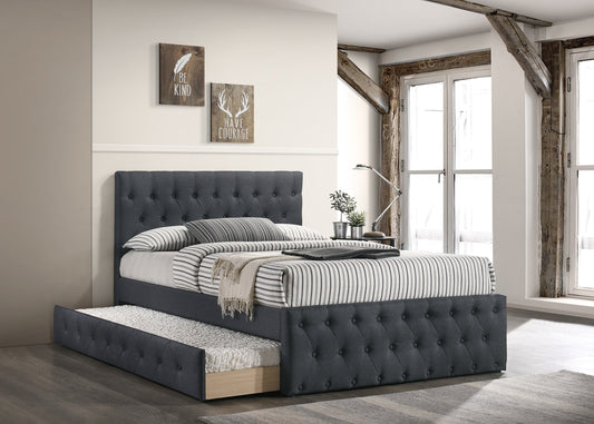 Contemporary Full Size Bed w/ Trundle Slats Charcoal Burlap Upholstered Button Tufted Headboard Footboard Youth Bedroom Furniture wooden Slats 1pc Bed