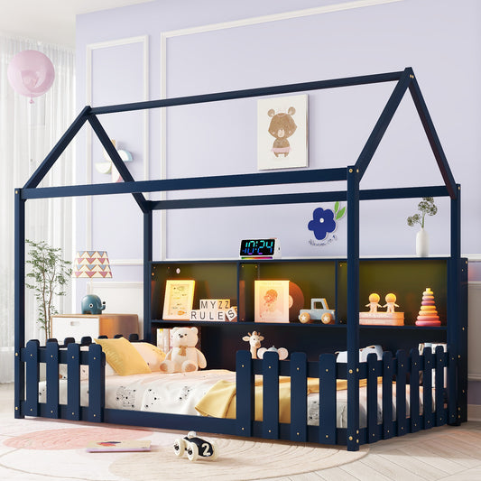 Twin Size House Bed with LED Light, Wood House Bed with Storage Bookshelf, Floor House Bed with Guardrails for Kids, Navy Blue (Expect Arrival Date 2025/3/14)