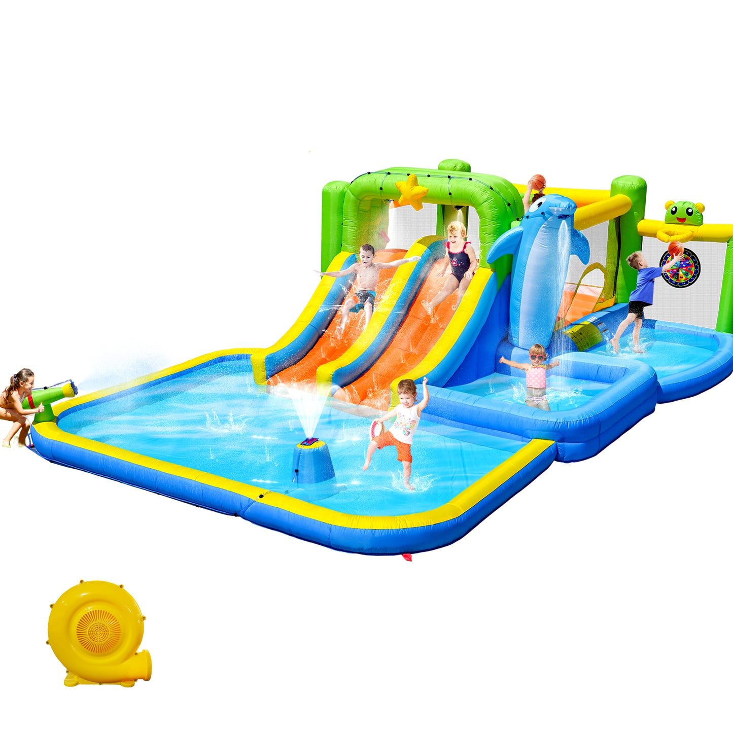 9 in 1 For Endless Fun Inflatable Bounce House with Blower Shower Soak Pool Sprinkler Fountain Water Gun Target for Kids