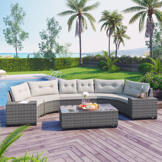 8-pieces Outdoor Wicker Round Sofa Set, Half-Moon Sectional Sets All Weather, Curved Sofa Set With Rectangular Coffee Table, PE Rattan Water-resistant and UV Protected, Movable Cushion, Beige