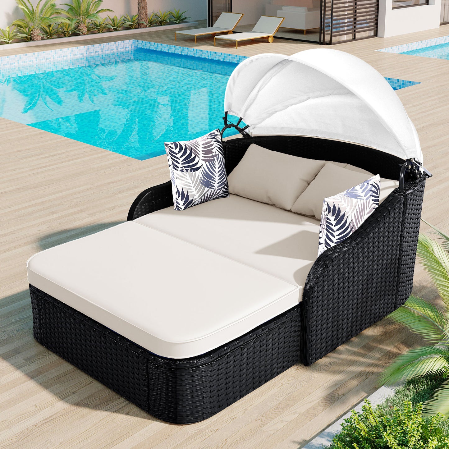 79.9' Outdoor Sunbed with Adjustable Canopy, Double lounge, PE Rattan Daybed, Black Wicker and Beige Cushion